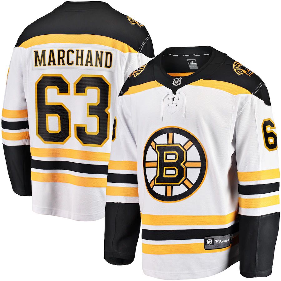 Men Boston Bruins 63 Brad Marchand Fanatics Branded White Away Premier Breakaway Player NHL Jersey